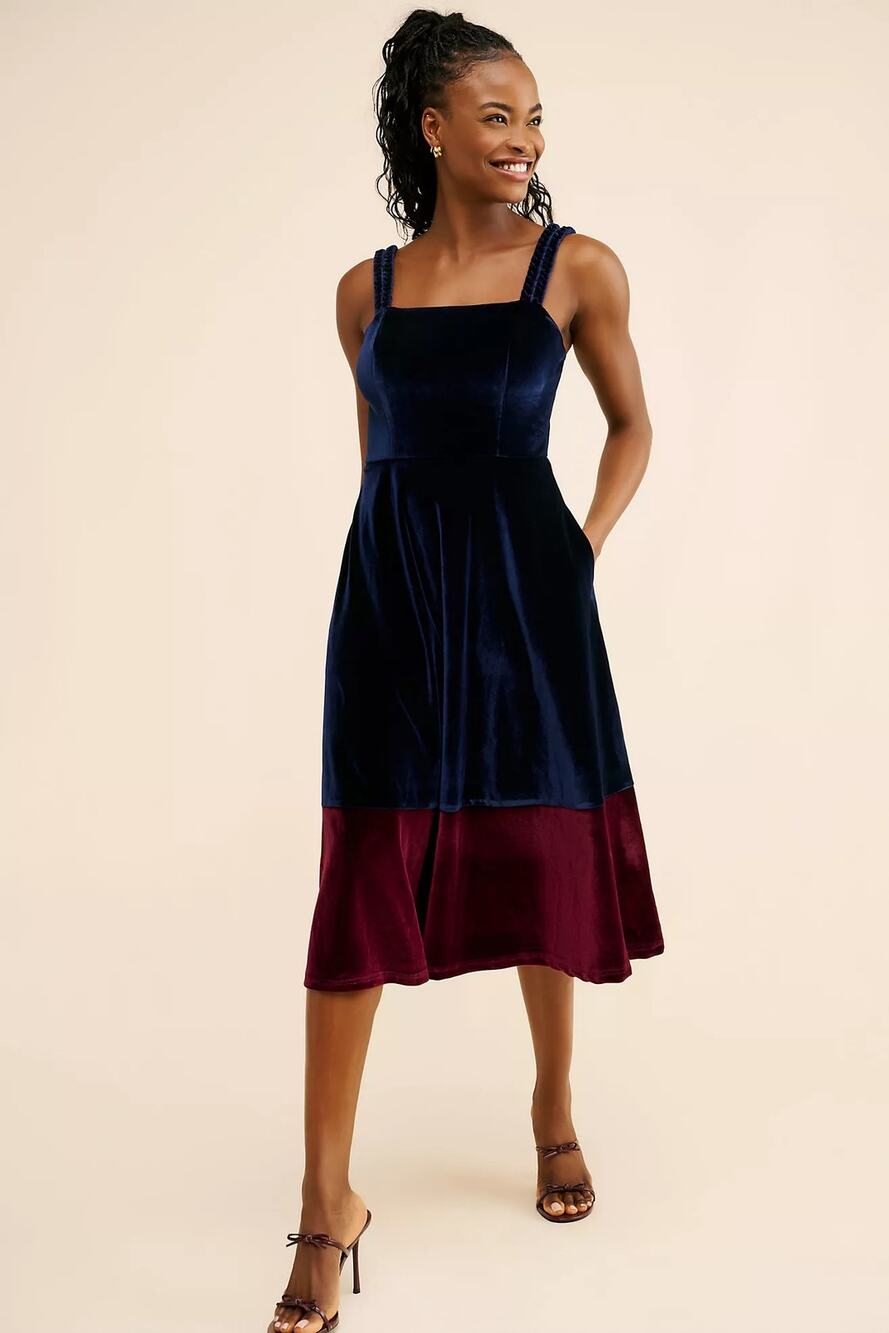 Anthropologie Hutch Braided Strap Velvet Midi Dress Blue Red Small Wedding Guest